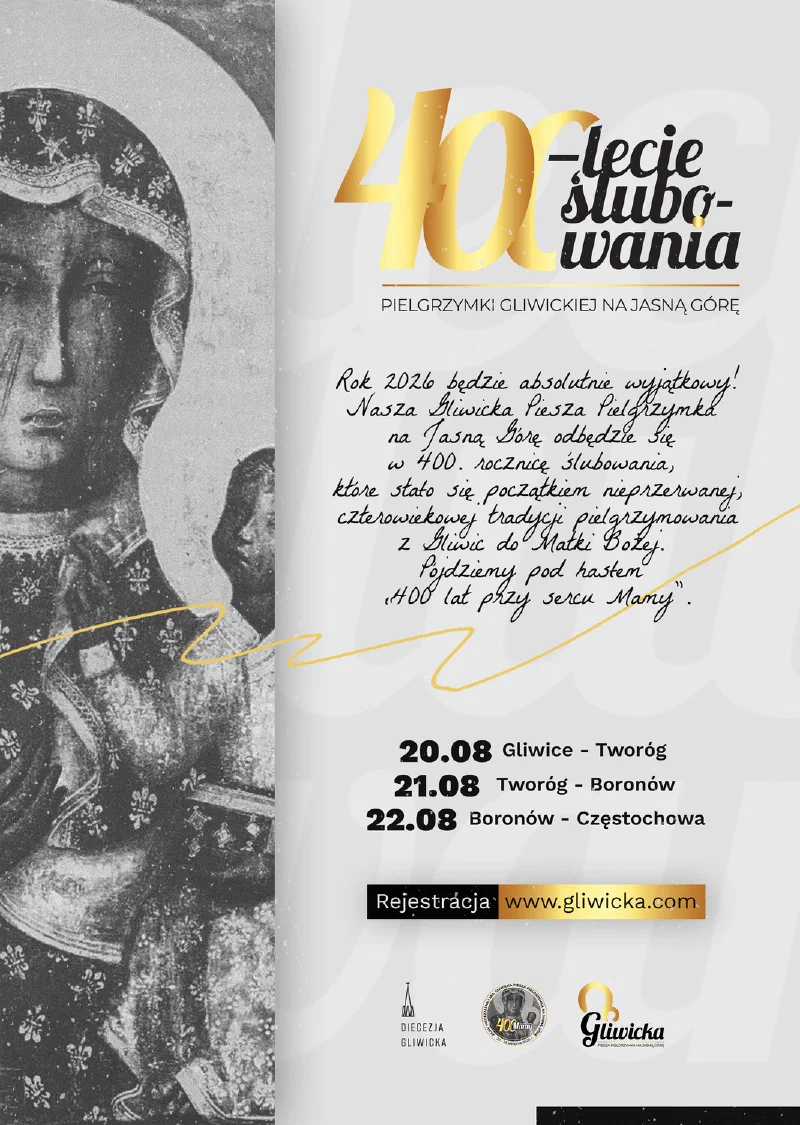 Plakat jubileuszowej diecezjalnej pieszej pielgrzymki na Jasną Górę 2026